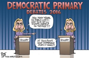 Bruce Plante Cartoon: Hillary Rodham Clinton debating herself, Secretary of State Hillary Rodham Clinton, Democratic Primary, Democratic Primary 2016 Debates, emails, emailgate, Democratic Party, DNC, Plante 20150312
