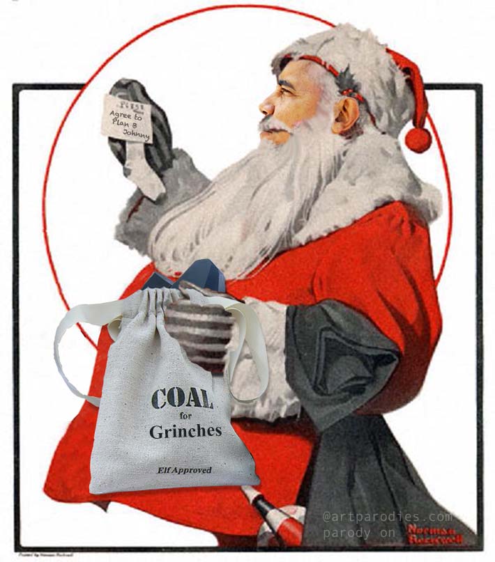 President Obama as Santa Clause leaving lumps of coal to the Grinches (you know who you are) during Christmas 2012. This is a parody on Norman Rockwell's A Drum for Tommy painting.