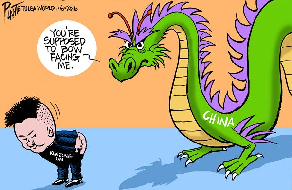 Bruce Plante Cartoon: Kim Jong-un's ally, Hydrogen Bomb, North Korea, China, nuclear arms, United Nations, USA, President Barack Obama, Plante 20160107