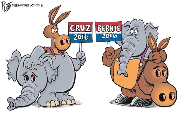 Bruce Plante Cartoon: Cruz vs. Bernie, Senator Ted Cruz, Senator Bernie Sanders, Presidential Campaign 2016, Republic Primary 2016, Democratic Primary 2016, GOP, RNC, Republican Party, Democratic Party, Iowa caucus, Plante 20160131