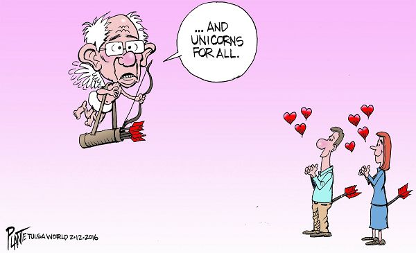 Bruce Plante Cartoon: Bernie Sanders' promises, Senator Bernie Sanders, Democratic Presidential Primary 2016, Presidential Campaign 2016, DNC, Democratic Party, Plante 20160214