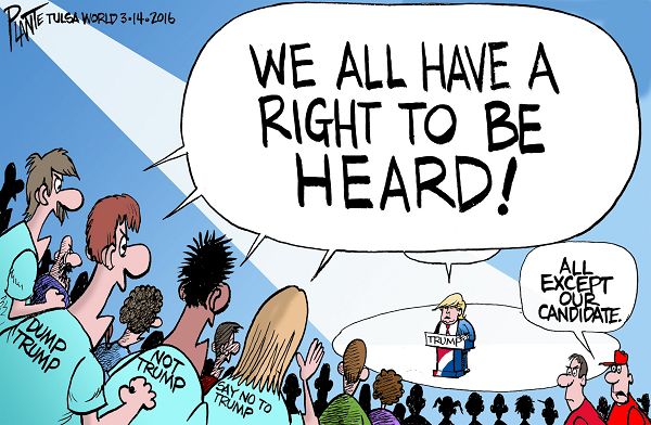 Bruce Plante Cartoon: Trump rally, Donald J. Trump, Republican Presidential Primary 2016, Republican Party, GOP, RNC, Chicago rally, protesters, Plante 20160315