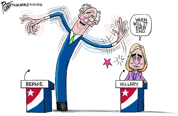 Bruce Plante Cartoon: Bernie Sanders the Tubeman, Senator Bernie Sanders, Secretary Hillary Clinton, Democratic Presidential Primary Campaign 2016, Democratic Party, DNC, Plante 20160311