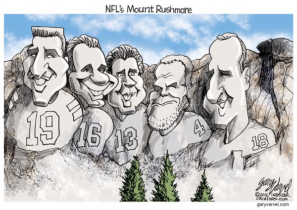 Peyton Manning is retiring after a storied career that chiseled his image among the greatest quarterbacks to ever play in the NFL. From left: Johnny Unitas, Joe Montana; Dan Marino, Brett Favre and Manning.