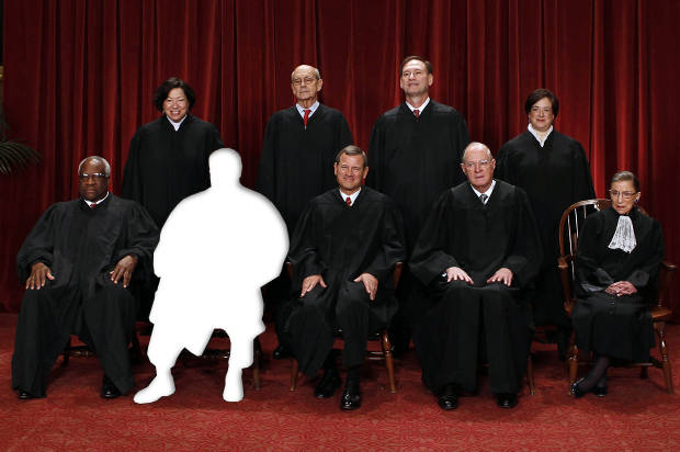 The justices of the U.S. Supreme Court gather for a group portrait in the East Conference Room at the Supreme Court Building in Washington, October 8, 2010. Seated from left to right in front row are: Associate Justice Clarence Thomas, Associate Justice Antonin Scalia, Chief Justice John G. Roberts, Associate Justice Anthony M. Kennedy, Associate Justice Ruth Bader Ginsburg. Standing from left to right in back row are: Associate Justice Sonia Sotomayor, Associate Justice Stephen Breyer, Associate Justice Samuel Alito Jr., and Associate Justice Elena Kagan. REUTERS/Larry Downing (UNITED STATES - Tags: POLITICS CRIME LAW) - RTXT6Z5