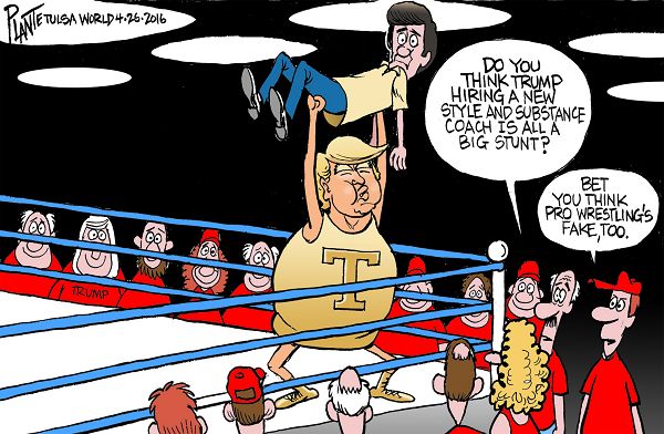 Bruce Plante Cartoon: Trump's style coach, Donald J. Trump, Republican Presidential Primary 2016, Campaign 2016, GOP, Republican Party, RNC, Plante 20160427