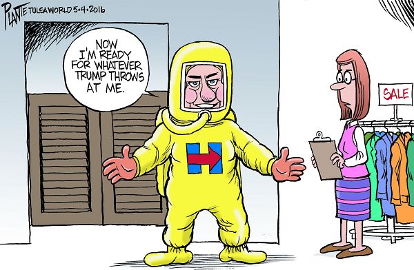 Bruce Plante Cartoon: Hillary's Trump repellent wardrobe, Secretary Hillary Clinton, Donald J. Trump, Presidential Campaign 2016, Campaign 2016, 2016 Presidential Race, Plante 20160505