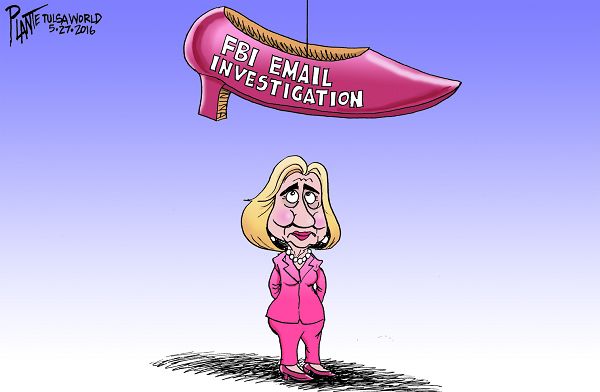 Bruce Plante Cartoon: Hillary's shoe, Secretary Hillary Clinton, Democratic Party, Democratic Presidential Primary 2016, FBI investigation, State Department Report, Donald J. Trump, Plante 20160528