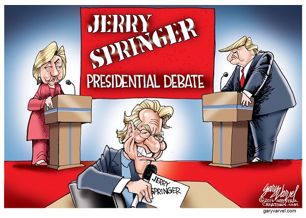 Based on the current attacks by Hillary Clinton and Donald Trump, the Presidential debate moderator should be Jerry Springer.