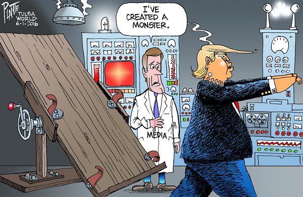Bruce Plante Cartoon: Trump bites the hand…, Donald J. Trump, Republican Presidential Primary, GOP nominee, Republican Party, RNC, media, CNN, ABC, CBS, NBC, MSNBC, Fox News, Plante 20160602