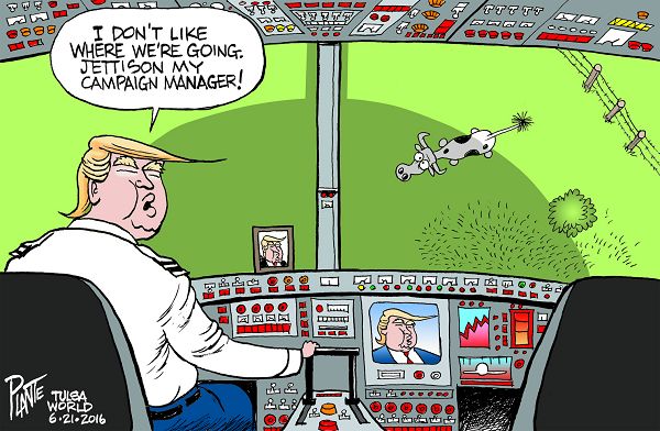 Bruce Plante Cartoon: Trump's campaign manager, Donald J. Trump, Presumptive Republican Presidential Nominee 2016, GOP, Presidential Campaign 2016, Republican Party, RNC, Plante 20160622