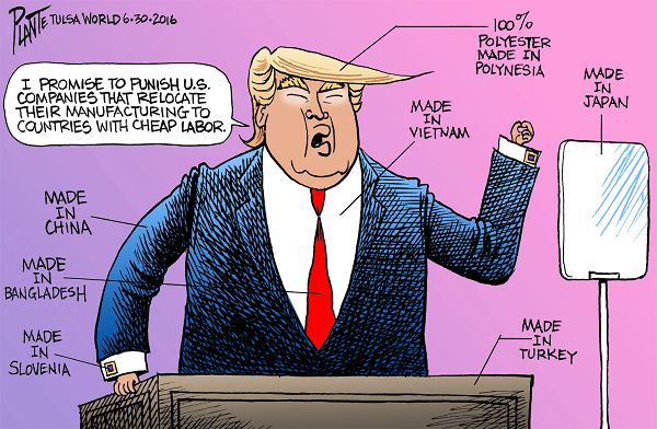 Bruce Plante Cartoon: Trump and outsourcing, Donald J. Trump, Presumptive Republican Presidential Nominee 2016, GOP, Republican Party, Presidential Campaign 2016, trade platform, U.S. manufacturing, Plante 20160701