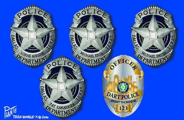 Bruce Plante Cartoon: Dallas Police Officers, Dallas sniper, Lorne Ahrens, Michael Krol, Michael Smith, Pat Zamarripa, DART Police Officer Brent Thompson, Plante 20160710