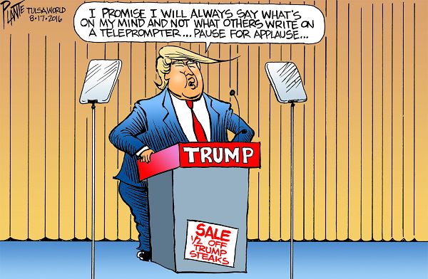 Bruce Plante Cartoon: Trump's teleprompter, Donald J. Trump, Republican Presidential Candidate 2016, Presidential Campaign 2016, Republican, Party, GOP, RNC, Plante 20160820