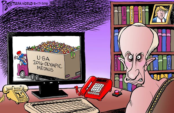 Bruce Plante Cartoon: The 2016 Olympics and Putin, USA, 2016 Summer Olympic Game, Rio, Brazil, Russian performance inhancers, Uncle Sam, Plante 20160821