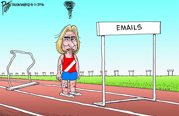 Bruce Plante Cartoon: Hillary runs the hurdles, Secretary Hillary Clinton, emails, Camapign 2016, Democratic Candidate for President 2016, DNC, Olympics, Plante 20160812