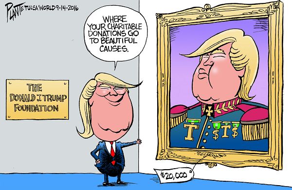 Bruce Plante Cartoon: Donald J. Trump Foundation, Republican Presidential Candidate 2016, GOP, RNC, Republican Party, Presidential Campaign 2016, Plante 20160915