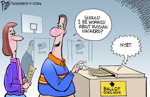 Bruce Plante Cartoon: Russian hack attack, Election 2016, Presidential Campaign 2016, Russian President Vladimir Putin, Russia, Plante 201610103