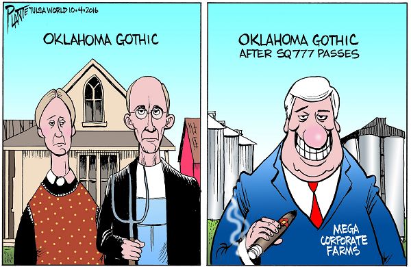 Bruce Plante Cartoon: Oklahoma Gothic, SQ 777, Right to Farm, State Question 777, farming, Plante 20161005
