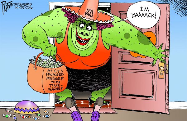 Bruce Plante Cartoon: Ma Bell, AT&T Merger, Time-Warner merger, Halloween, Plante 20161026