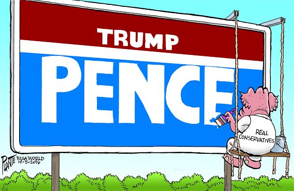 Bruce Plante Cartoon: Governor Mike Pence, Donlad J. Trump, GOP, Republican Party Presidential Candidate 2016, RNC, Vice Presidential Debate 2016, Plante 20161006