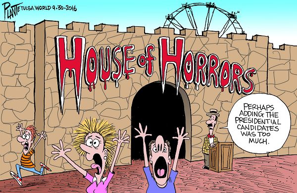 Bruce Plante Cartoon: House of Horrors, Donald J. Trump, Secretary Hillary Clinton, Presidential Campaign 2016, GOP, DNC, RNC, Republican Party, Democratic Party, Plante 20161002