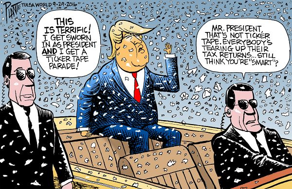 Bruce Plante Cartoon: Trump Ticker Tape, Donald J. Trump, tax returns, taxes, IRS, Republican Presidential Candidate 2016, Presidential Campaign 2016, GOP, RNC, Republican Party, Plante 20160930
