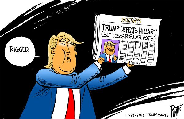 Bruce Plante Cartoon: Trump defeats Hillary, President-elect Donald J. Trump, Secretary Hillary Clinton, Electoral College, Popular vote, recount, Green Party Presidential Candidate Jill Stein, Plante 20161130